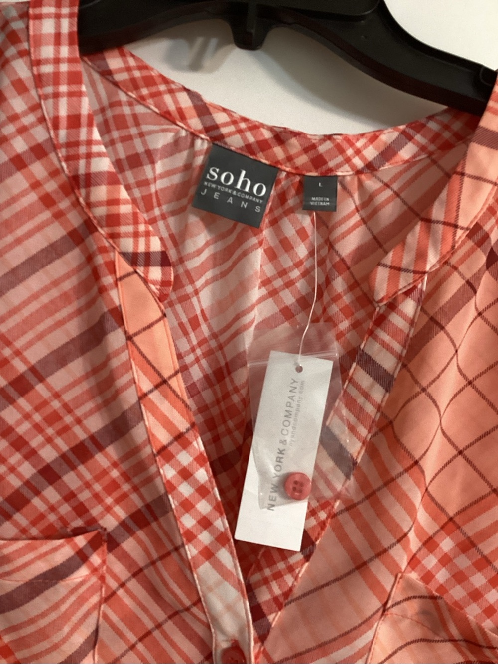NWT Soho from New York &Company Coral and White Plaid Button-Front Top
